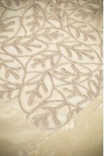 58" X 58" STRIPE EMBROIDERED TABLE COVER IVORY/BEIGE