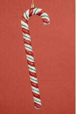 14" PLASTIC CANDY CANE W/GLITTER RED/GREEN/WHITE