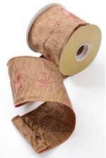 4" X 10YDS GINKO LEAVES EMBROIDERED RIBBON BROWN