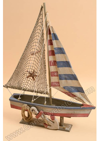 21" X 28" WOOD ROPE SAILING BOAT BLUE/RED/BROWN