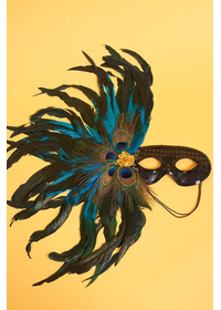 18" SEQUIN MASK W/4 PEACOCK EYES & FEATHERS BLACK