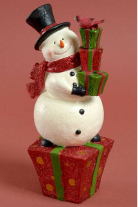 11" RESIN SNOWMAN ON GIFT BOX RED/GREEN/WHITE