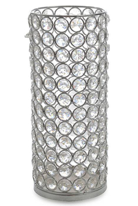 4" X 9.75" CRYSTAL BEAD CYLINDER CANDLE HOLDER SILVER