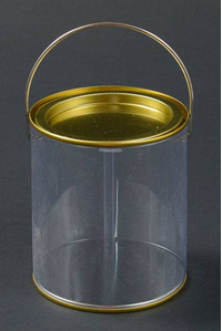 4.75" X 6" ROUND CONTAINER W/WIRE HANDLE CLEAR/GOLD
