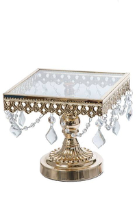 7" SQUARE METAL/GLASS CAKE STAND W/CRYSTAL GOLD