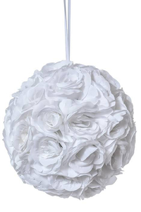 14" ROSE BALL W/RIBBON WHITE