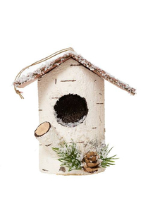 6" FAUX BIRCH LOG BIRDHOUSE ORNAMENT NATURAL FROSTED