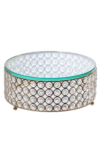 9.75" GLASS/METAL/BEAD CAKE STAND GOLD