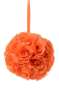 8" ROSE BALL W/RIBBON ORANGE