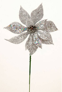 4" GLITTER POINSETTIA PICK SILVER PKG/12