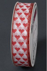 1.5" X 50YDS WIRED SHEER GLITTER HEART RIBBON RED/WHITE