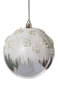 4" PLASTIC BALL ORNAMENT W/SNOW SILVER PKG/6