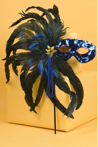 SEQUIN EYES MASK W/STICK AND FEATHER ROYAL BLUE