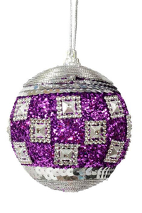 4" GLITTER SEQUIN BALL ORNAMENT PURPLE/SILVER PKG/3