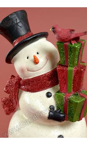 11" RESIN SNOWMAN ON GIFT BOX RED/GREEN/WHITE