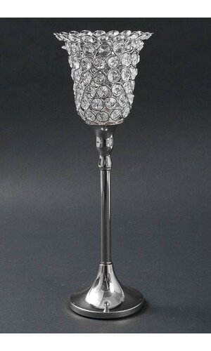 14.5" CRYSTAL CANDLE HOLDER SILVER