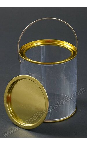 4.75" X 6" ROUND CONTAINER W/WIRE HANDLE CLEAR/GOLD