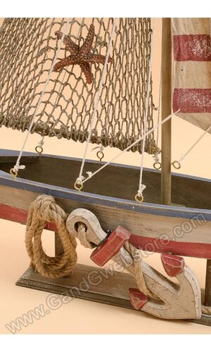 21" X 28" WOOD ROPE SAILING BOAT BLUE/RED/BROWN