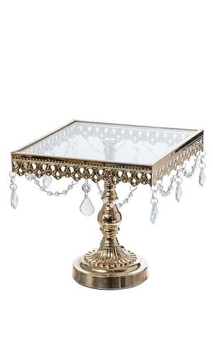 9" SQUARE METAL/GLASS CAKE STAND W/CRYTAL GOLD
