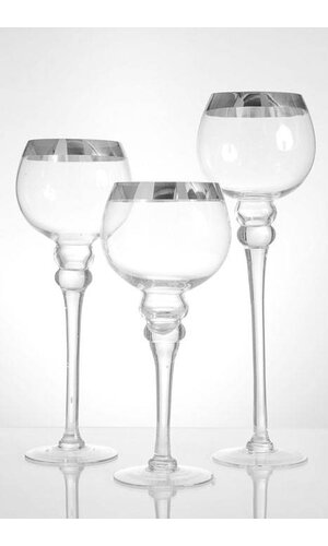 12"/14"/16" GLASS CANDLE HOLDER CLEAR/SILVER SET/3