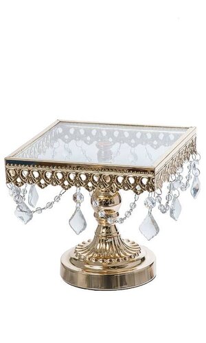 7" SQUARE METAL/GLASS CAKE STAND W/CRYSTAL GOLD