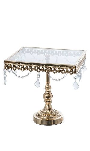 10.5" SQUARE METAL/GLASS CAKE STAND W/CRYTAL GOLD