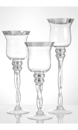 11.75"/13.75"/15.75" GLASS CANDLE HOLDER CLEAR/SILVER SET/3