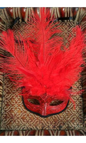 7" MAN MASK W/OSTRICH FEATHERS RED