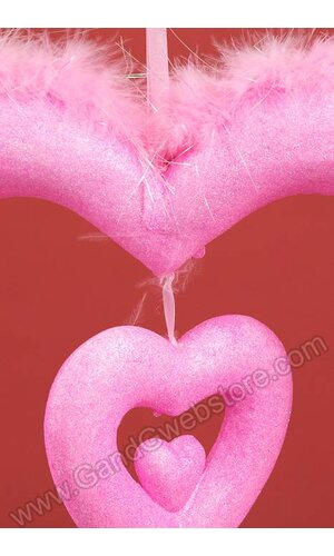16" HANGING OPEN HEART W/FEATHERS PINK