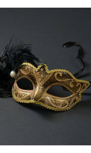 6.5" GLITTER MASK W/PEARL & FEATHER GOLD/BLACK
