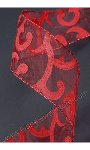 2.5" X 10YDS WIRED FAUX LEATHER SWIRLS SHEER RIBBON RED