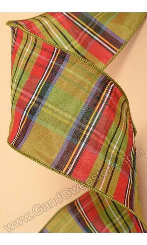 4" X 10YDS FAUX DUPIONI MCFARLAND PLAID WIRED RIBBON LIME/RED