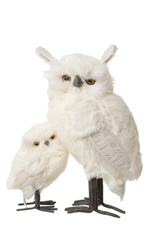 11.5" WHITE FURRED SNOW OWL W/BABY WHITE