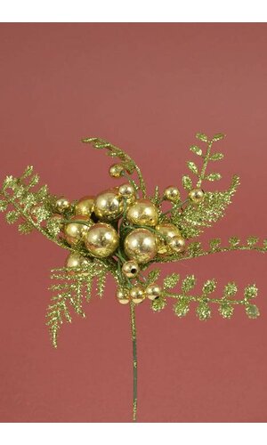 7" PLASTIC BALL & GLITTERED BERRIES FERN PICK GOLD/GREEN PKG/12