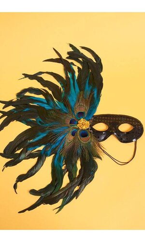 18" SEQUIN MASK W/4 PEACOCK EYES & FEATHERS BLACK