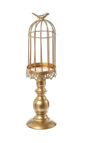 16.5" METAL CANDLE STAND W/BIRD CAGE GOLD