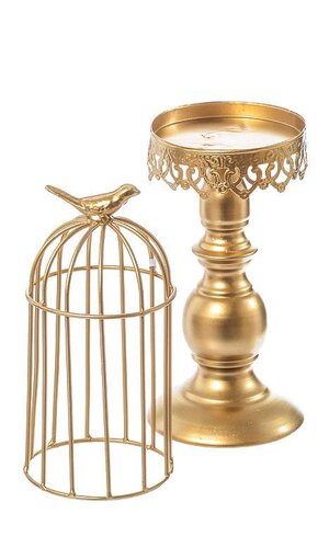 16.5" METAL CANDLE STAND W/BIRD CAGE GOLD