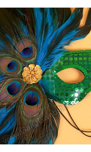 18" SEQUIN MASK W/4 PEACOCK EYES & FEATHERS GREEN