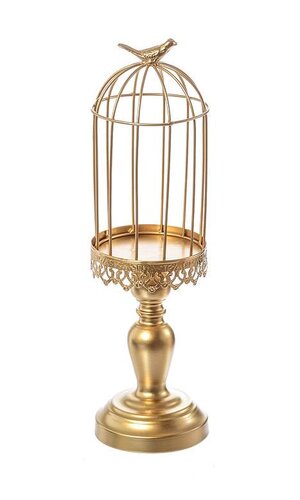15" METAL CANDLE STAND W/BIRD CAGE GOLD