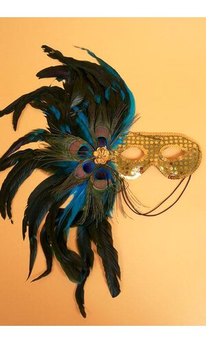 18" SEQUIN MASK W/4 PEACOCK EYES & FEATHERS GOLD