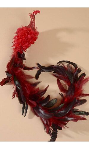 30" GLITTERED FEATHER PEACOCK W/CLIP RED