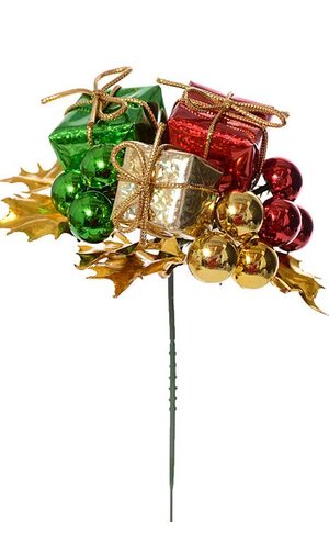 7" HOLLY PICK WITH 3 GIFT BOX ASSORTED PKG/12
