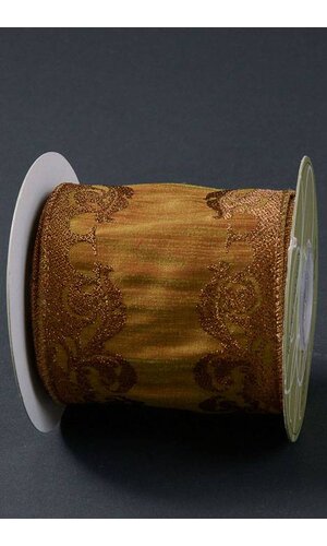 4" X 5YDS WIRED CLASSIC EMBROIDERED RIBBON COPPER