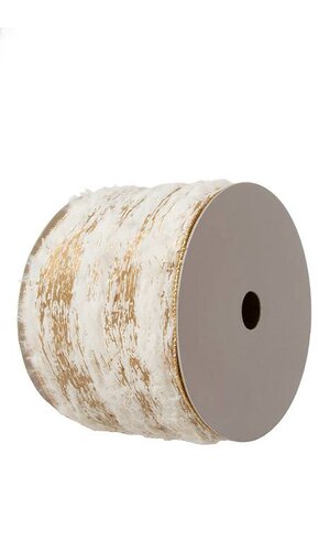 4"X 10 YDS FAUX FUR BIRCH WIRED RIBBON IVORY/GOLD