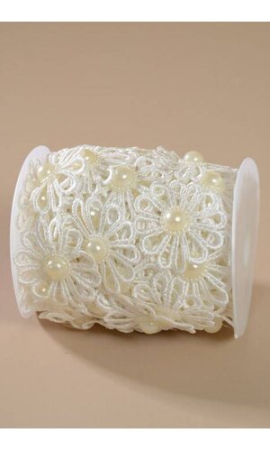 10YDS LACE FLOWER TRIM W/PEARLS WHITE