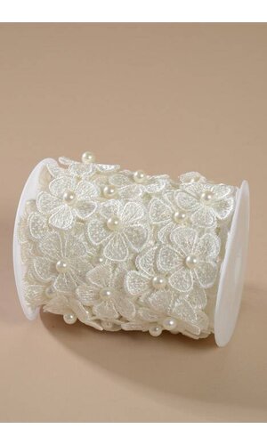 10YDS LACE FLOWER TRIM W/PEARLS WHITE