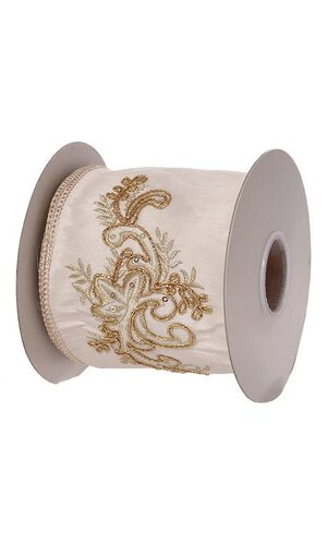 4" X 5 YDS ACANTHUS SEQUIN EMBROIDERED WIRED RIBBON IVORY/GOLD
