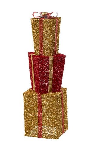 28" PILED GIFT BOXES W/BAND & BELL GOLD/RED