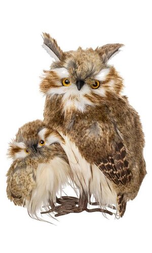11.5" BROWN FURRED HOOT OWL W/BABY NATURAL