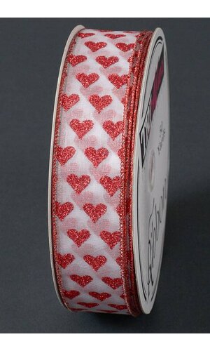1.5" X 50YDS WIRED SHEER GLITTER HEART RIBBON RED/WHITE